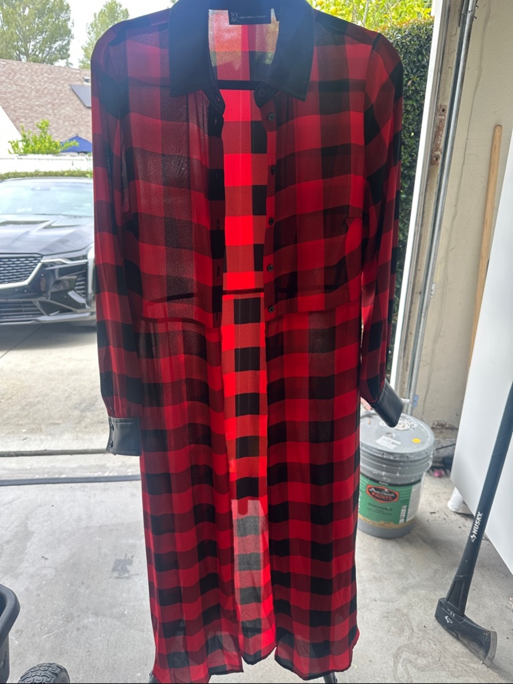 New York & Company Red and Black Plaid Long Shirt